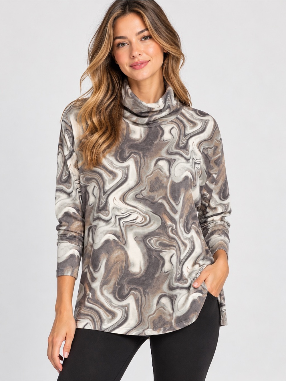 Zenana Women’s M Relaxed Fit Cowl Neck Abstract Marbled Liquid Swirl Pattern Top